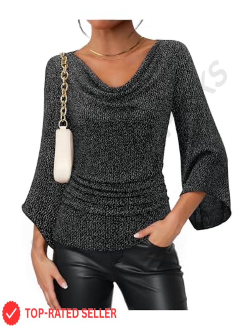 Women's Dressy Cowl Neck Top 3/4 Bell Sleeve Sparkly Mesh Slimming Formal Blouse
